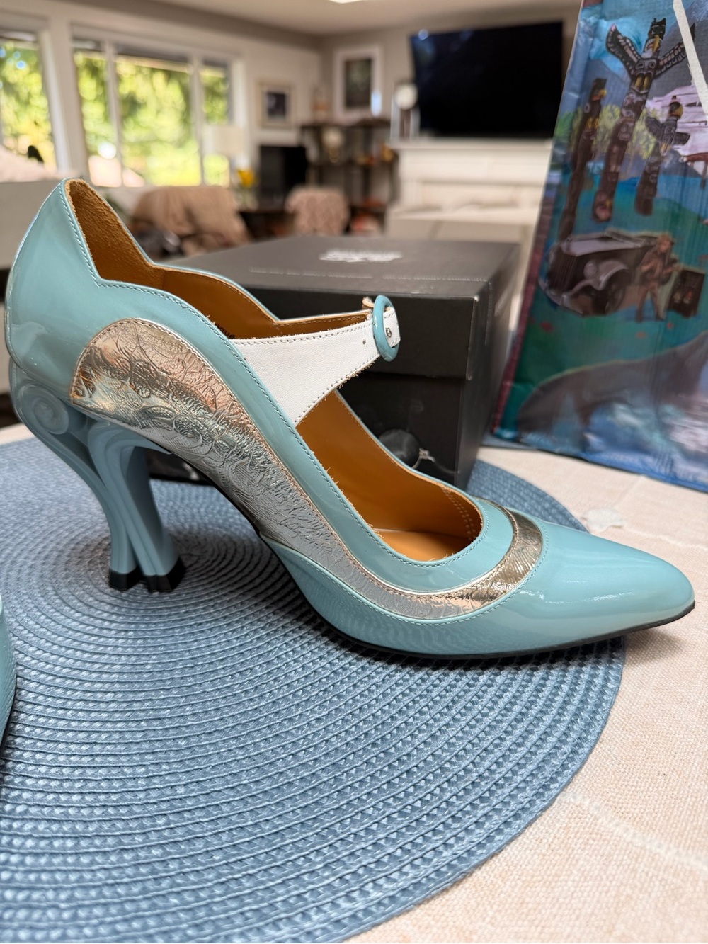 John Fluevog Sky Blue and White Pointed Mary Jane Pump with Metallic Trim - Picture 5 of 8